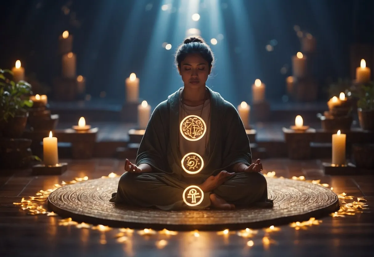 A figure sits in meditation, surrounded by symbols of personal growth and spiritual enlightenment. The number 711 is prominently displayed, radiating a sense of divine guidance and inner reflection