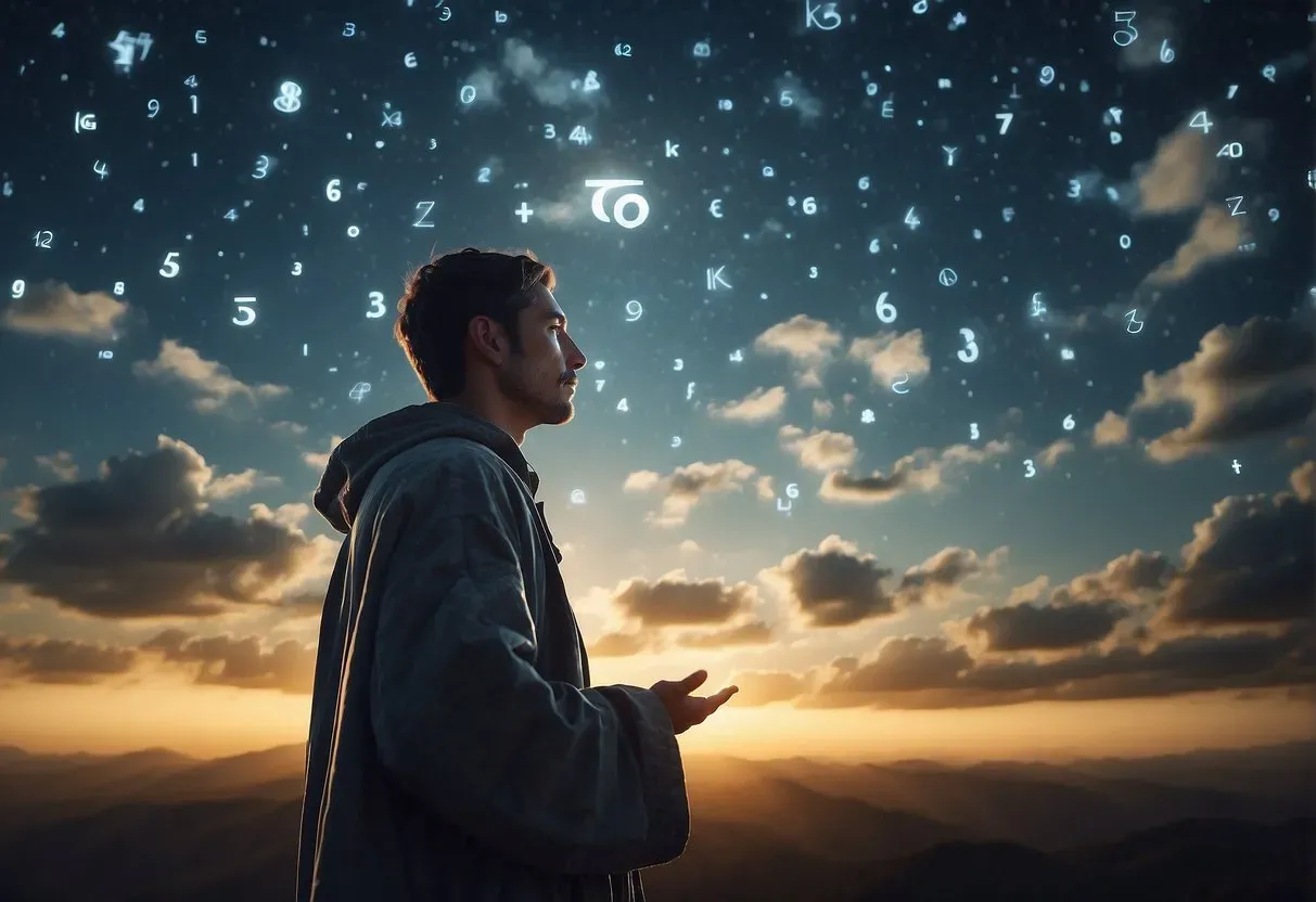 A serene figure surrounded by glowing numbers, each with a unique symbol, floats in a celestial sky filled with stars and clouds