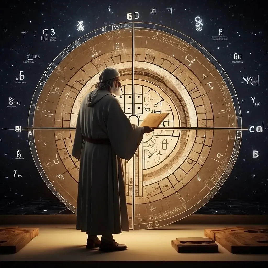 A man in a robe is reading a book in front of a clock.