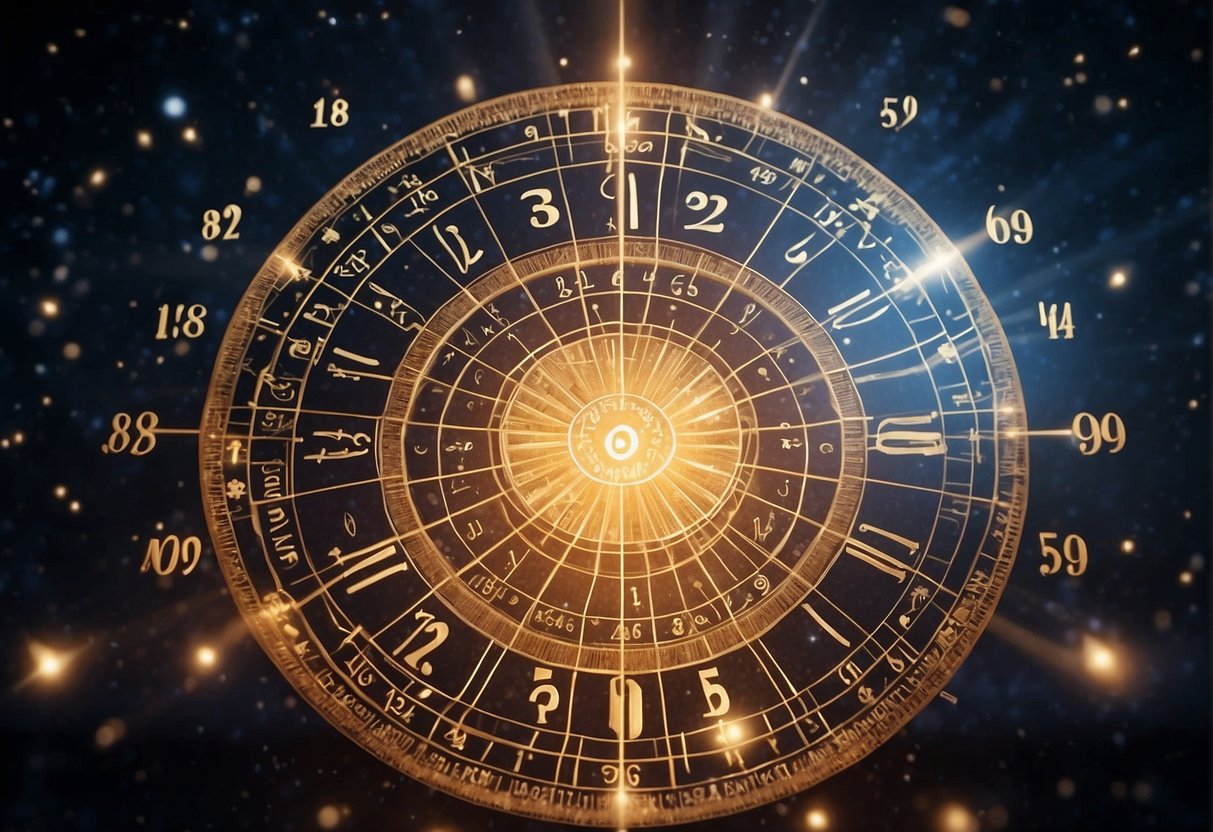 A glowing numerology chart with angel numbers floating above it. The numbers are surrounded by celestial symbols and radiate a sense of divine guidance