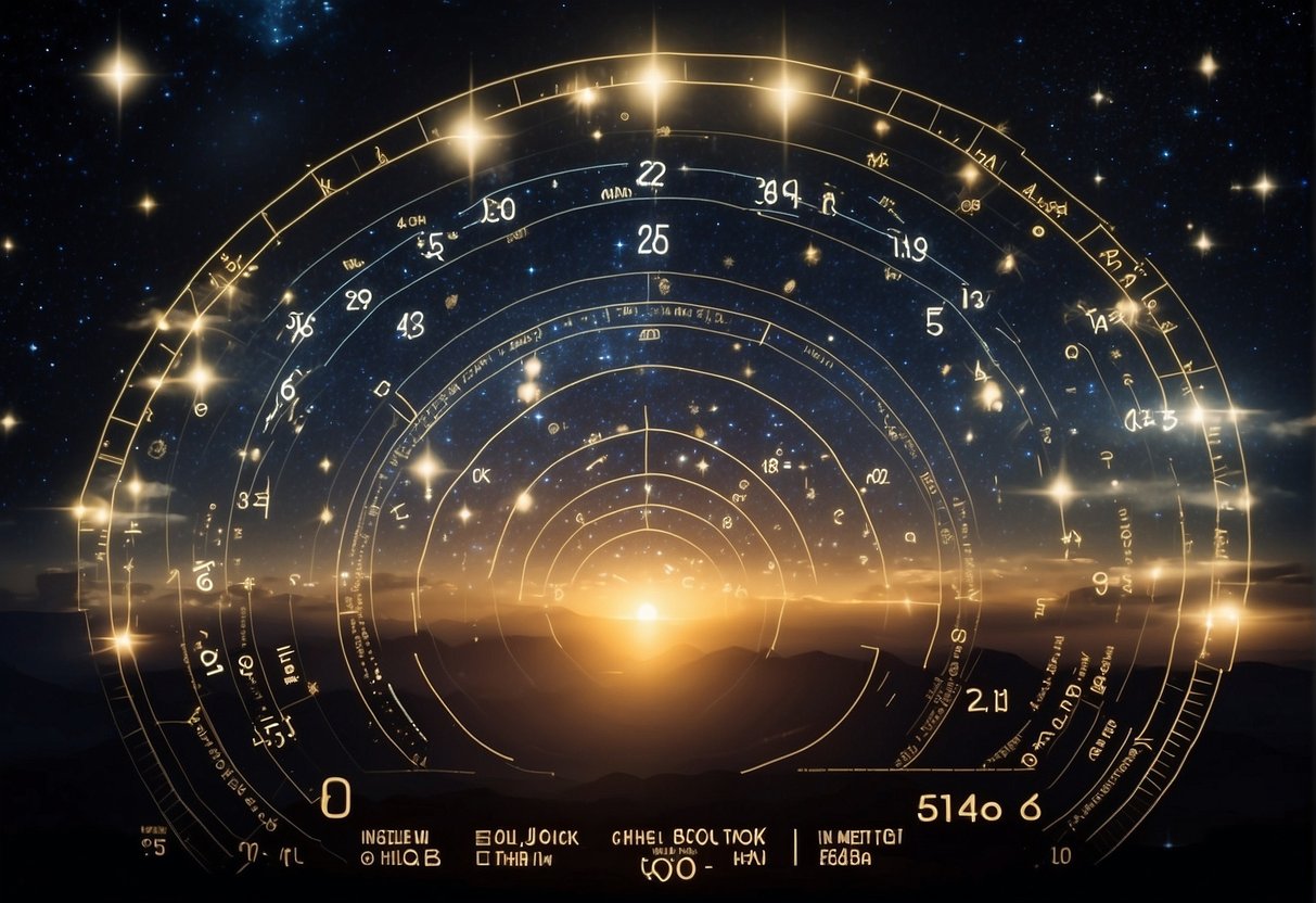 A glowing celestial chart displays various angel numbers in a starry night sky