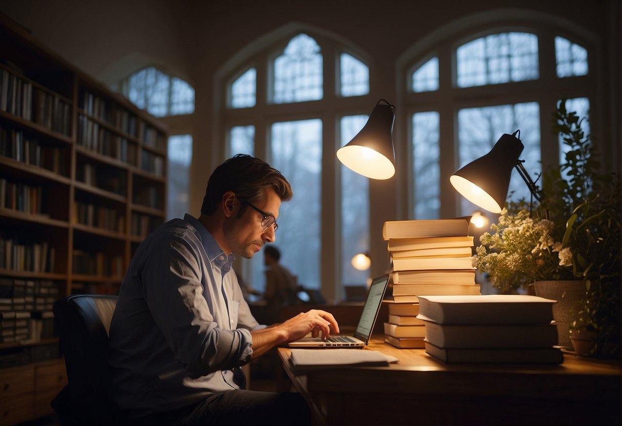 A person sits at a desk, surrounded by books and a notebook. They are focused on a laptop, typing "angel numbers" into a search engine. A beam of light shines through a nearby window, illuminating the scene