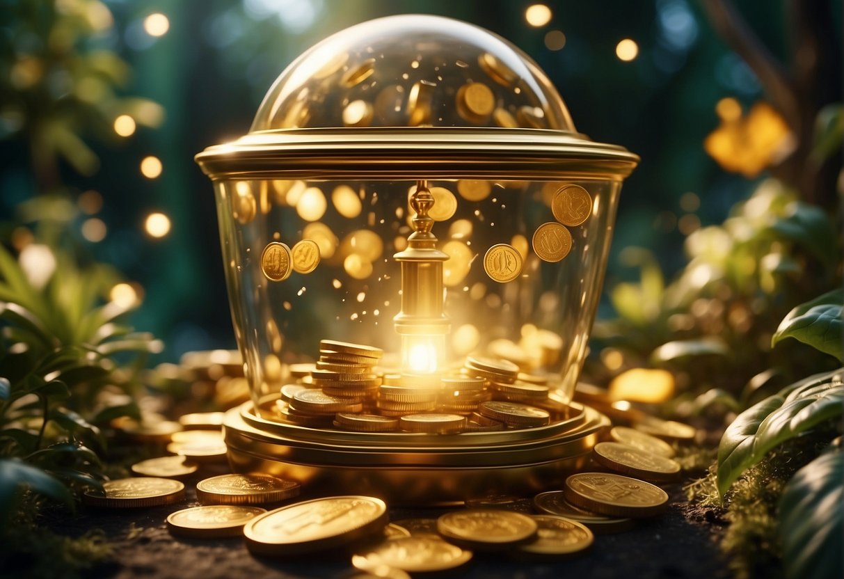A glowing golden 888 floats above a lush garden, surrounded by cascading coins and overflowing treasure chests. A radiant beam of light shines down, illuminating the scene with a sense of prosperity and abundance