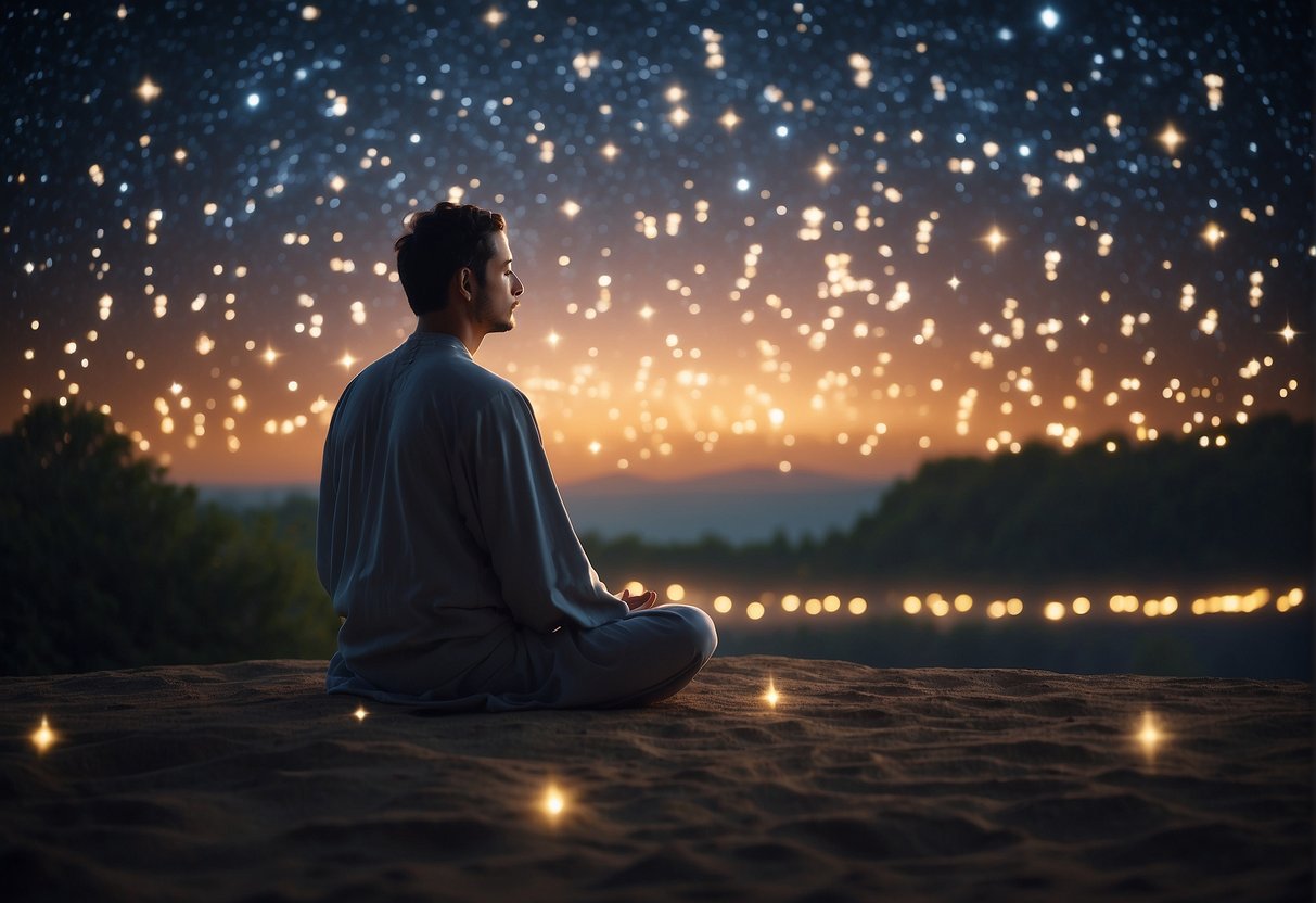 A serene figure meditates under a starry sky, surrounded by glowing numbers floating in the air, symbolizing the search for angelic guidance