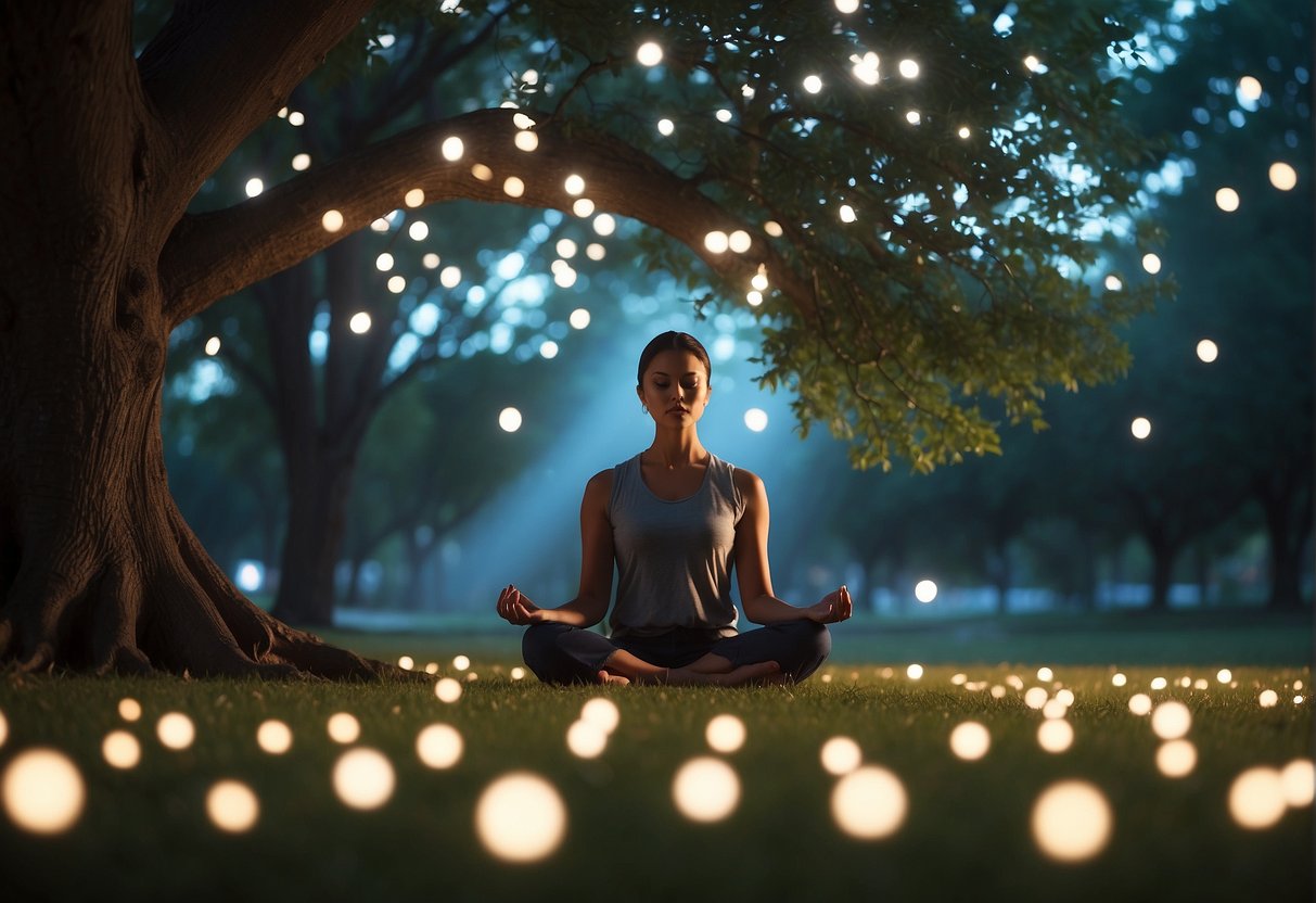 A serene figure meditates under a tree, surrounded by glowing numbers floating in the air, conveying a sense of divine guidance and cosmic connection