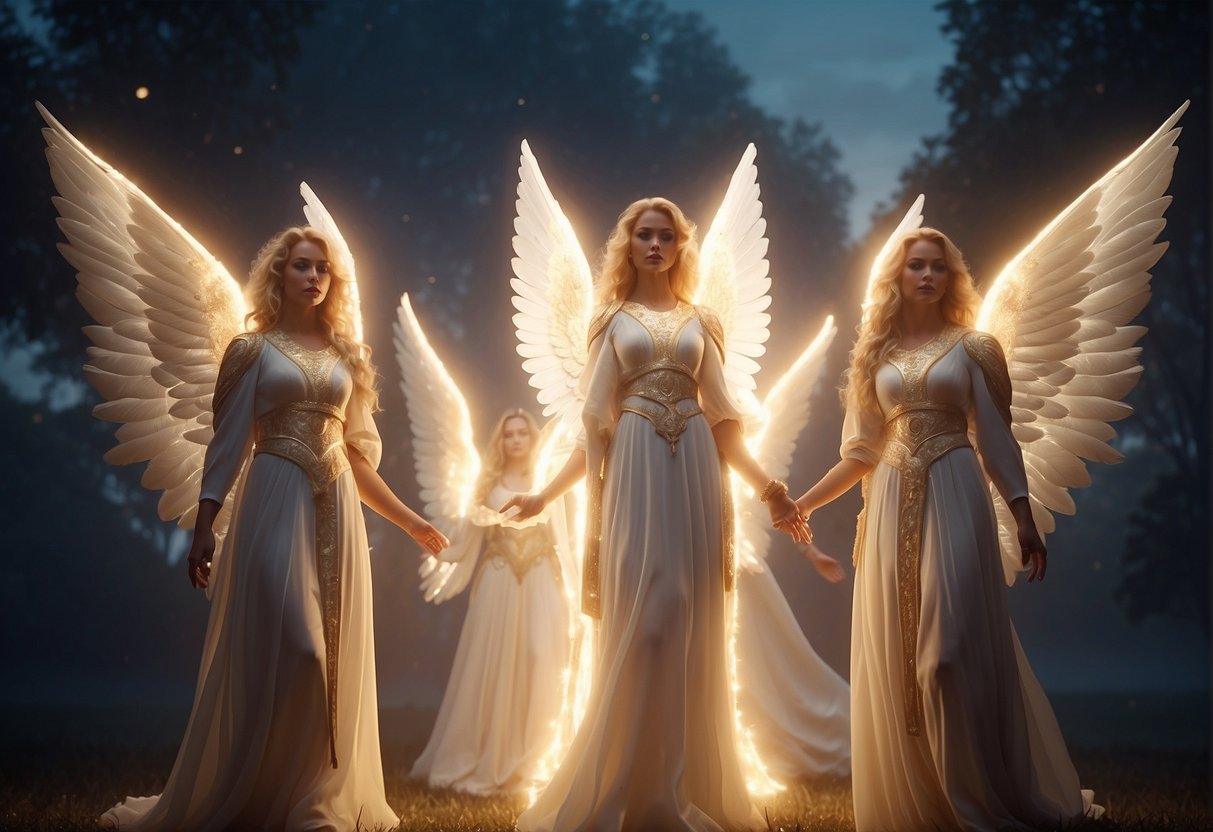 A group of guardian angels surrounded by a glowing aura, with the number 411 appearing in the background, symbolizing guidance and support