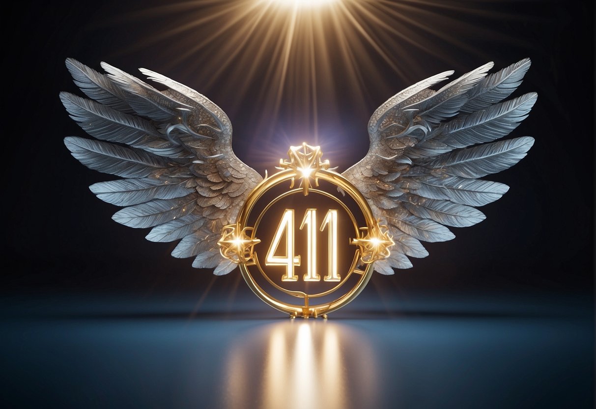 A glowing halo of light surrounds the number 411, with angelic wings and celestial symbols floating around it