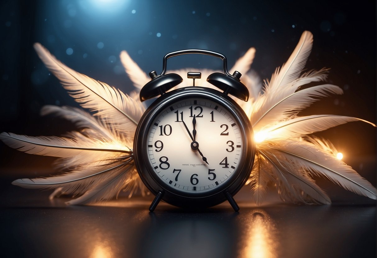 Bright light illuminates a clock showing 7:21. A feather floats in the air, surrounded by a halo of soft, glowing numbers