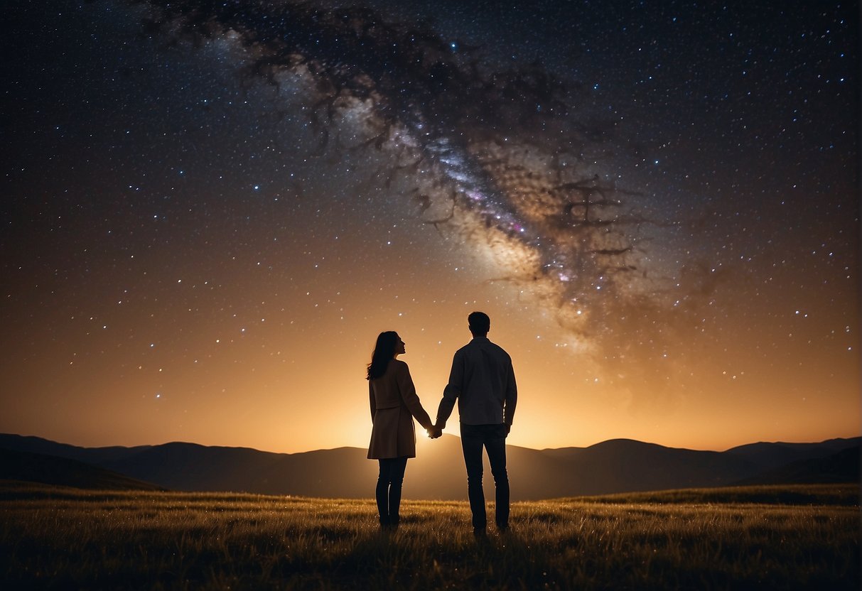 A couple stands under a starry sky, surrounded by the glow of seven twinkling stars and the comforting embrace of the number 721